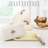 White Ceramic Butter Dish/Server and 5 Interchangeable Metal Seasonal/Decor Magnets