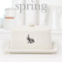 White Ceramic Butter Dish/Server and 5 Interchangeable Metal Seasonal/Decor Magnets