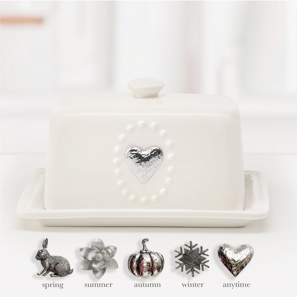 White Ceramic Butter Dish/Server and 5 Interchangeable Metal Seasonal/Decor Magnets