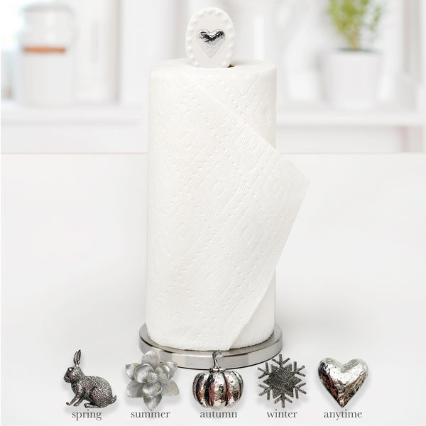 White Ceramic and Stainless Steel Paper Towel Holder with 5 Interchangeable Metal Seasonal/Decor Magnets.