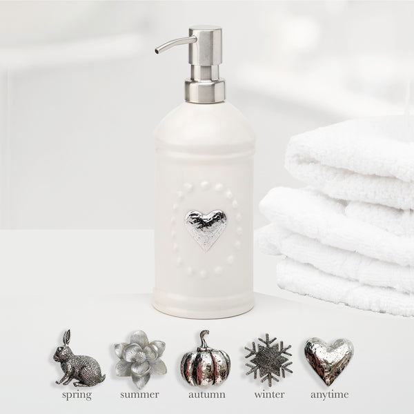 White Ceramic Soap or Lotion Dispenser with Stainless Steel and 5 Interchangeable Metal Seasonal/Decor Magnets.