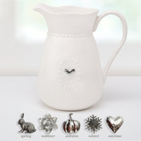 White Ceramic Water Pitcher w/Handle and 5 Interchangeable Metal Seasonal/Decor Magnets.