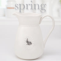 White Ceramic Water Pitcher w/Handle and 5 Interchangeable Metal Seasonal/Decor Magnets.